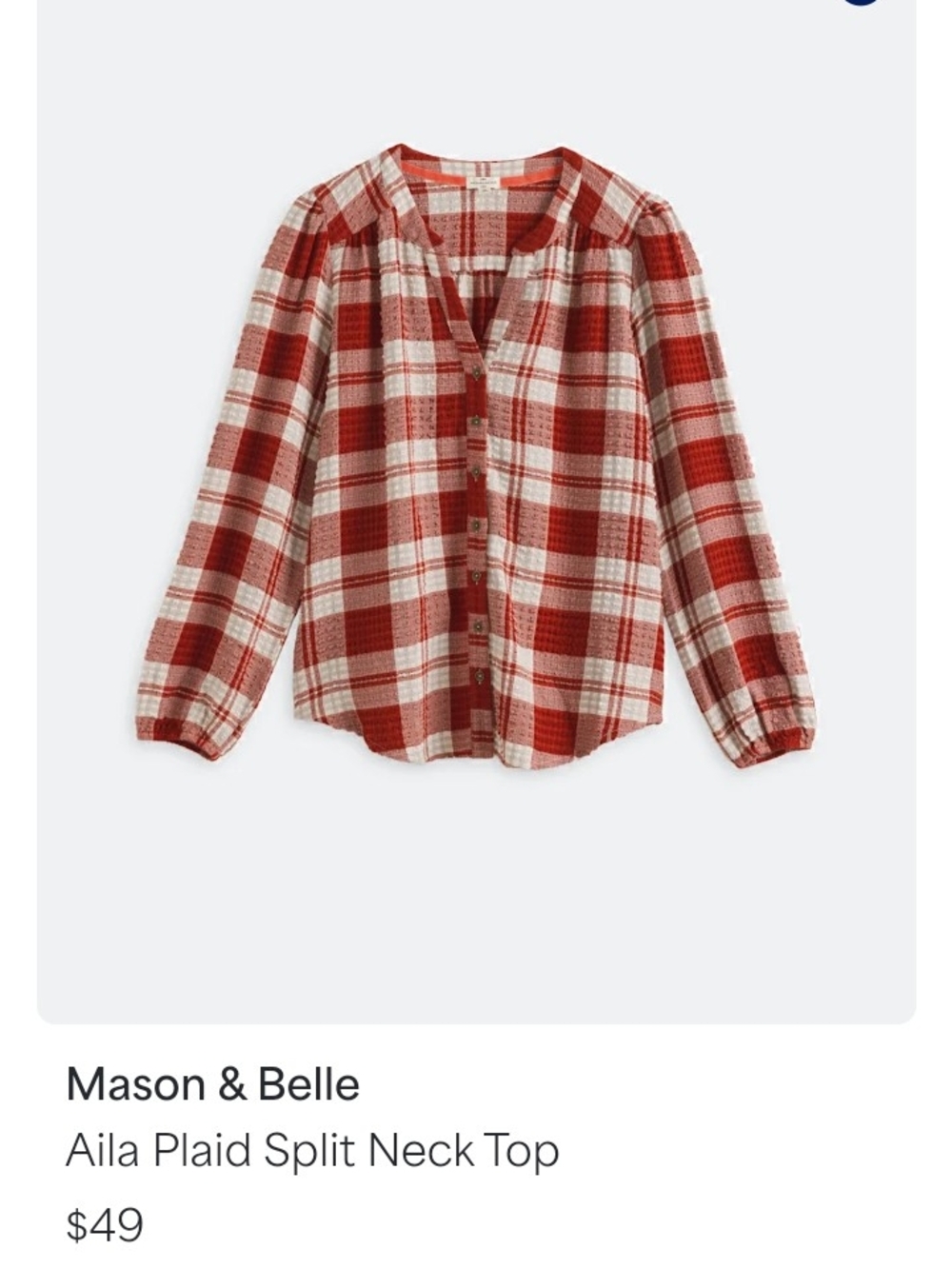 Mason & Belle Aila Plaid Split Neck Top - Red/Ivory
